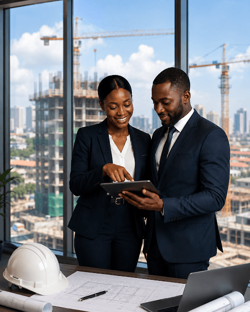 Deux professionnels consultent un plan sur une tablette, devant une baie vitrée donnant sur un chantier de construction et la ville.