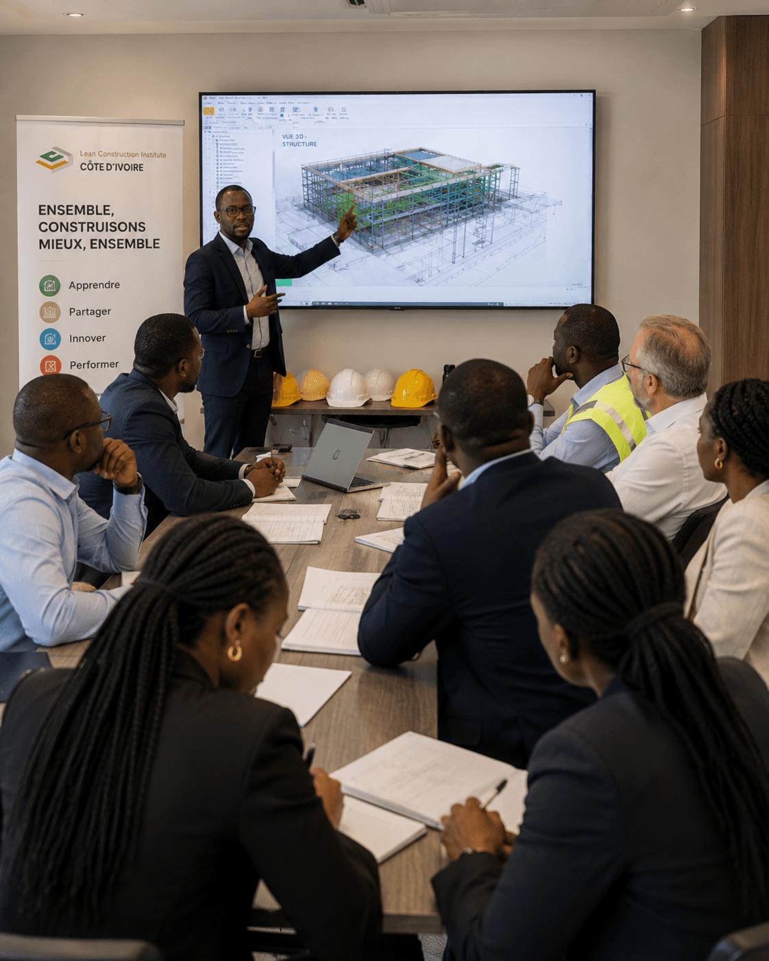 Session de formation au Lean Construction réunissant des professionnels du BTP.